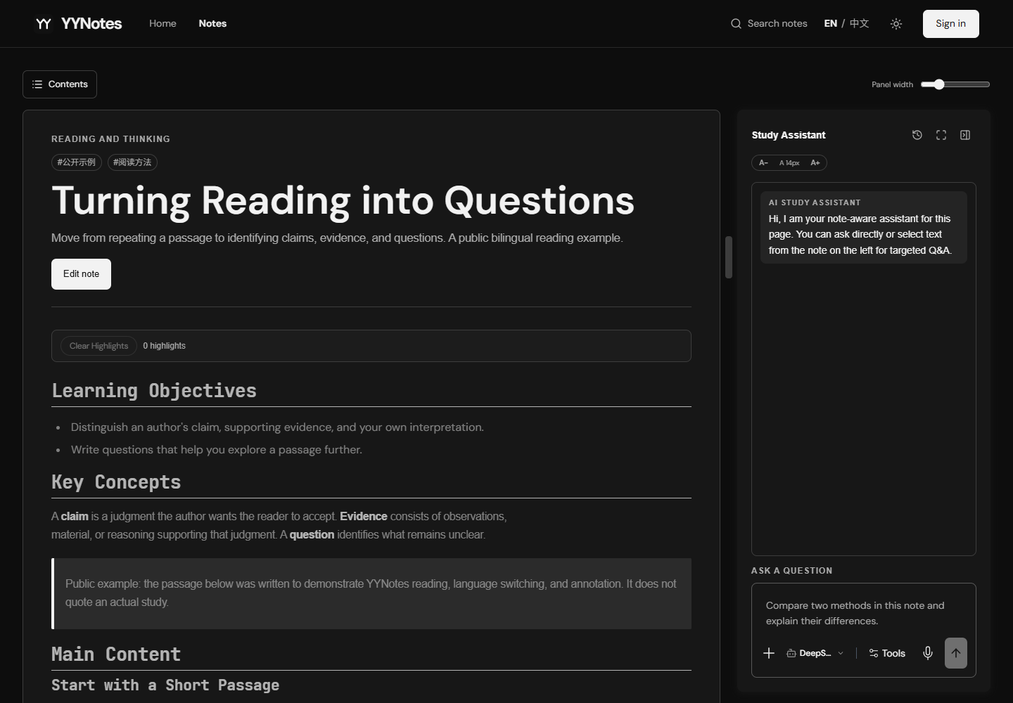 Repository production-build capture: a public bilingual example beside the study assistant. It shows the reading interface, without a generated assistant answer.